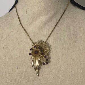 Vintage 1940’s  Gold Toned Flower With Purple Rhinestones Necklace / Brooch